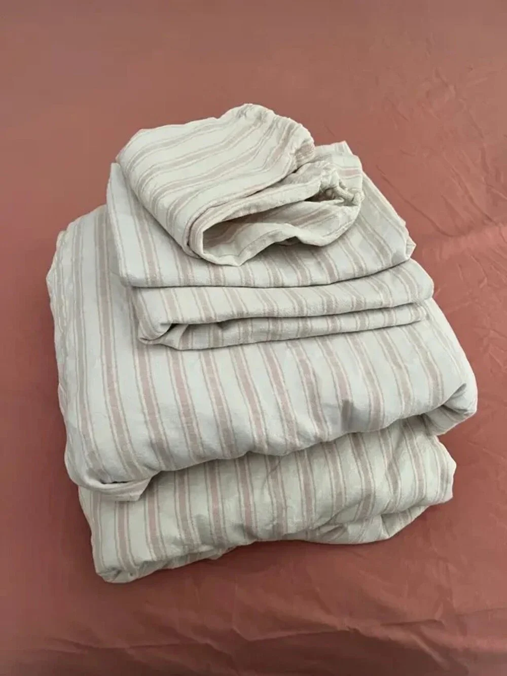 Queen Bed Linen Blend Sheets 4pc Set Cotton Pink Classic Pink Stripe 16